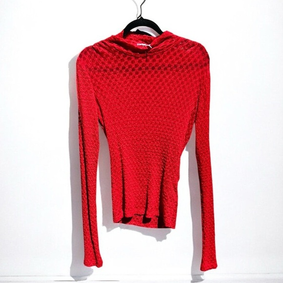 🌻NEW w/o tags FRAME Cherry Red Mesh Stretch Lace Turtleneck Top Size Medium - Picture 4 of 13